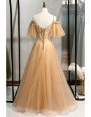 Champagne Long Tulle Prom Dress with Beaded Straps Appliques