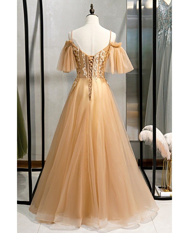 Champagne Long Tulle Prom Dress with Beaded Straps Appliques MX16063 ...