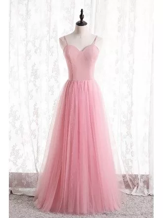 Simple Pink Tulle Aline Prom Dress with Spaghetti Straps