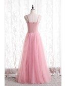Simple Pink Tulle Aline Prom Dress with Spaghetti Straps