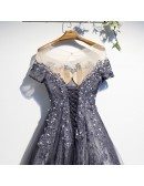 Popular Sequined Blue Tulle Aline Prom Dress with Illusion Short Sleeves