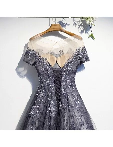 Popular Sequined Blue Tulle Aline Prom Dress with Illusion Short Sleeves