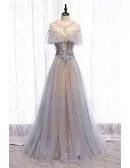 Beautiful Grey Flowy Tulle Unique Prom Dress with Beadings