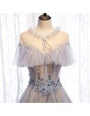 Beautiful Grey Flowy Tulle Unique Prom Dress with Beadings