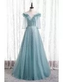 Gorgeous Beaded Long Tulle Prom Dress Bling with Sheer Sleeves