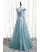 Gorgeous Beaded Long Tulle Prom Dress Bling with Sheer Sleeves
