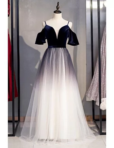 Navy Blue Ombre Tulle Aline Long Prom Dress with Straps