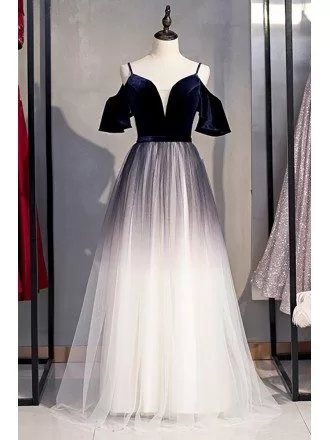 Navy Blue Ombre Tulle Aline Long Prom Dress with Straps