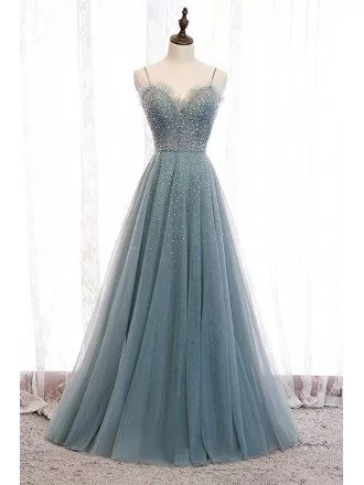 Dusty Blue Aline Long Tulle Prom Dress with Straps Bling Sequins