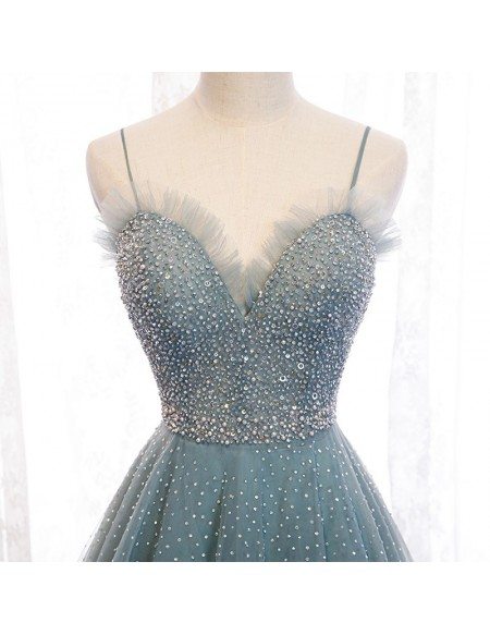 Dusty Blue Aline Long Tulle Prom Dress with Straps Bling Sequins ...