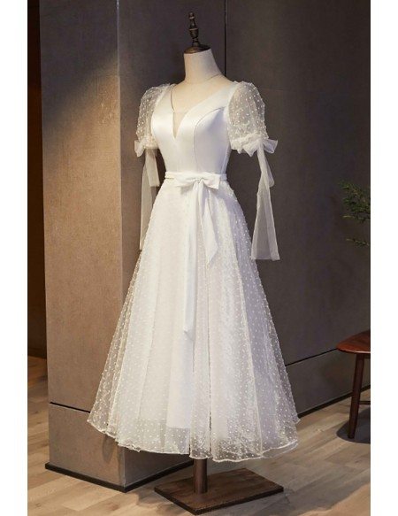 Retro White Polka Dot Tea Length Party Dress with Sash Sleeves MX16129 ...