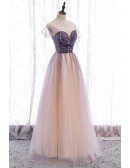 Elegant Purple Bling Tulle Prom Dress Illusion Round Neck with Little Stars