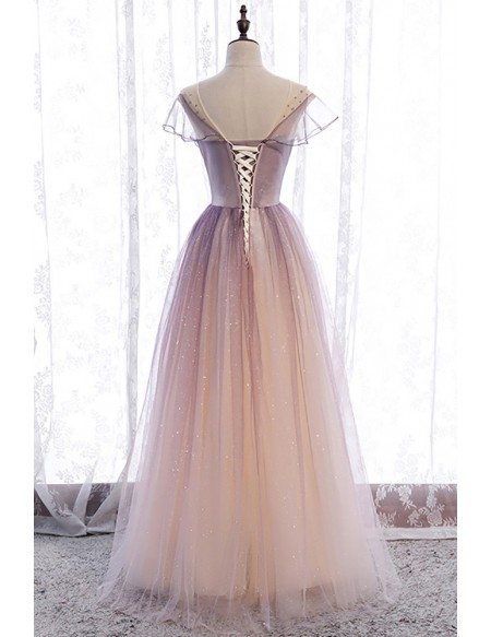 Elegant Purple Bling Tulle Prom Dress Illusion Round Neck with Little Stars