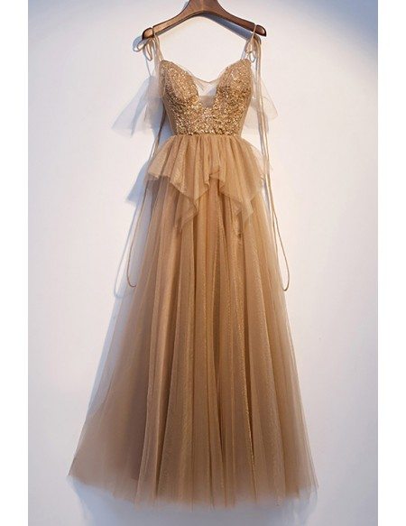Champagne Flowy Tulle Vneck Prom Dress with Strappy Straps