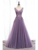 Vneck Purple Long Tulle Prom Dress with Appliques Sleeveless