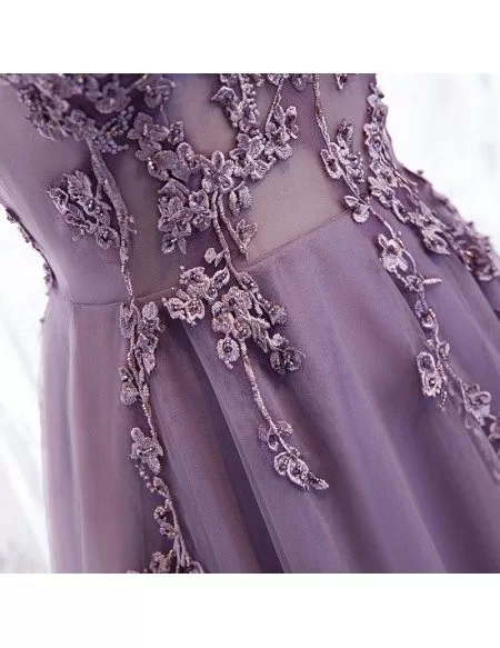 Vneck Purple Long Tulle Prom Dress with Appliques Sleeveless