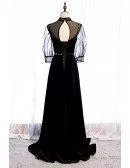 Elegant Long Black Evening Dress with Illusion Neckline Sheer Sleeves