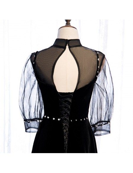 Elegant Long Black Evening Dress with Illusion Neckline Sheer Sleeves
