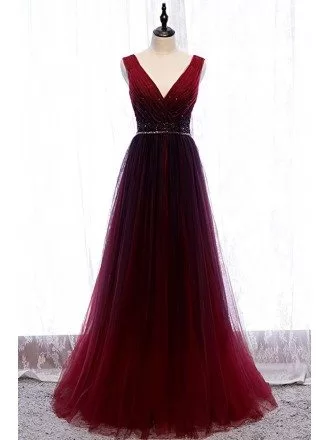 Burgundy Deep Vneck Flowy Tulle Formal Dress with Sequined Waist