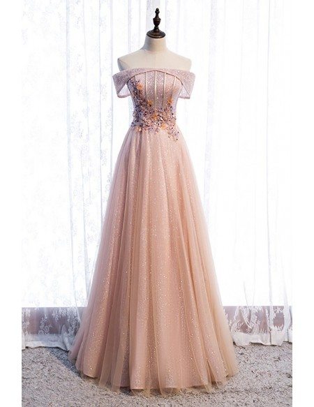 Bling Mesh Off Shoulder Long Tulle Prom Dress with Sequins