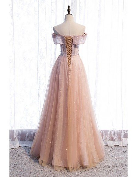 Bling Mesh Off Shoulder Long Tulle Prom Dress with Sequins