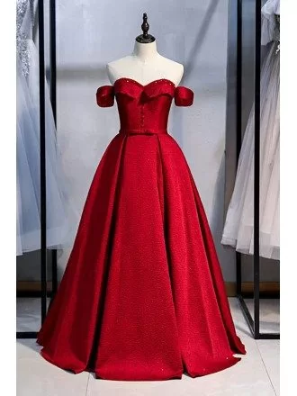Beaded Sweetheart Pleated Ballgown Burgundy Formal Dress Off Shoulder