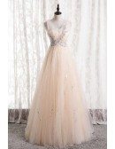 Pretty Light Champagne Tulle Long Prom Dress with Beadings
