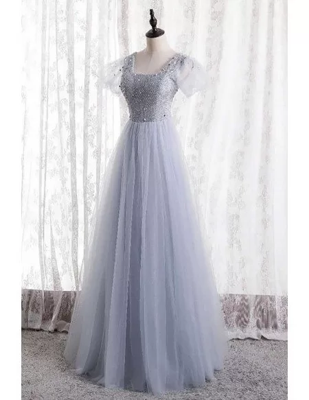 Beaded Square Neckline Aline Tulle Prom Dress with Bubble Sleeves