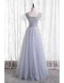 Beaded Square Neckline Aline Tulle Prom Dress with Bubble Sleeves