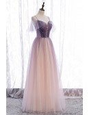 Fantasy Bling Purple Tulle Prom Dress with Spaghetti Straps