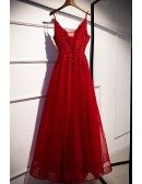 Burgundy Sequined Appliques Aline Tulle Prom Dress with Spaghetti Straps