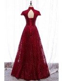 Sparkly Burgundy Sequined Formal Dress High Neck with Cap Sleeves