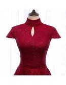 Sparkly Burgundy Sequined Formal Dress High Neck with Cap Sleeves