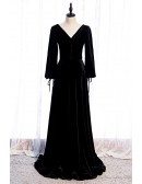 Formal Long Velvet Black Evening Dress Vneck with Long Sleeves