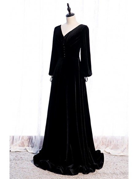 Formal Long Velvet Black Evening Dress Vneck with Long Sleeves MX16088 ...