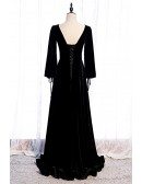 Formal Long Velvet Black Evening Dress Vneck with Long Sleeves