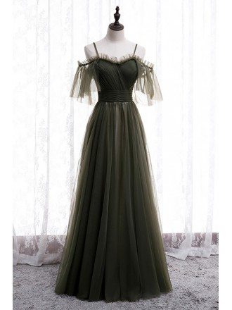 Dusty Green Flowy Long Tulle Prom Dress with Spaghetti Straps