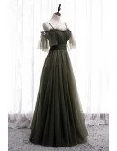 Dusty Green Flowy Long Tulle Prom Dress with Spaghetti Straps