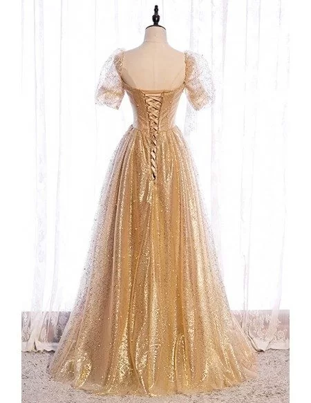 Bling Gold Sequins Formal Prom Dress Beaded with Bubble Sleeves