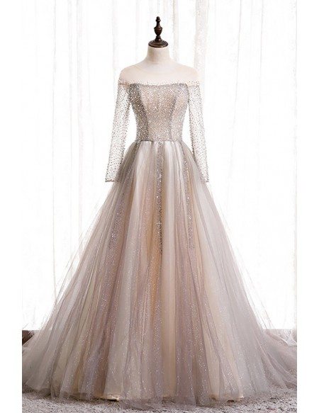 Formal Long Ballgown Tulle Prom Dress with Sequined Long Sleeves
