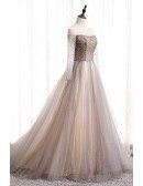 Formal Long Ballgown Tulle Prom Dress with Sequined Long Sleeves