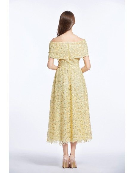 Feminine Off-the-Shoulder Lace Tea-Length Weddding Guest Dress