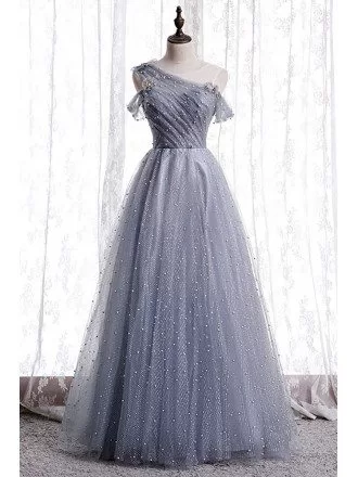 Dusty Blue Bling Tulle Prom Dress with Beadings Bow Knot In Back