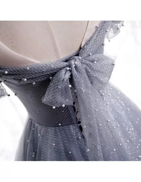 Dusty Blue Bling Tulle Prom Dress with Beadings Bow Knot In Back