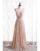 Elegant Pleated Champagne Gold Sparkly Sequins Formal Dress with Spaghetti Straps