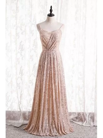 Elegant Pleated Champagne Gold Sparkly Sequins Formal Dress with Spaghetti Straps
