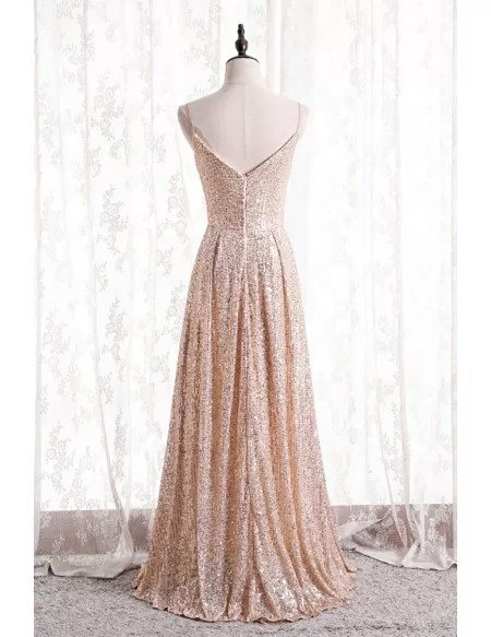 Elegant Pleated Champagne Gold Sparkly Sequins Formal Dress with ...