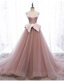 Unique Nude Pink Tulle Long Train Prom Dress with Spaghetti Straps