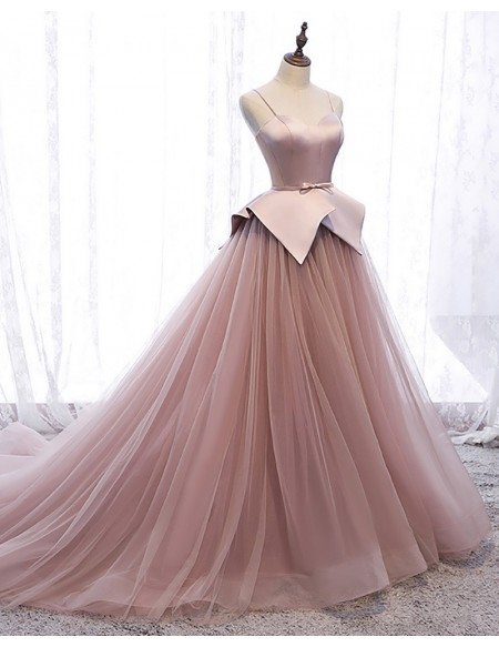 Unique Nude Pink Tulle Long Train Prom Dress with Spaghetti Straps