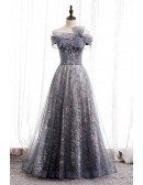 Dusty Purple Tulle Long Prom Dress Big Bow Off Shoulder with Sequins